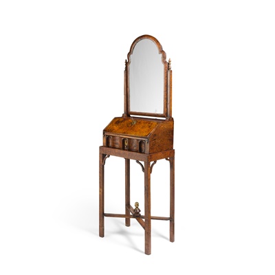 Lot 69 - QUEEN ANNE BURR ELM AND RED JAPANNED TOILET MIRROR ON STAND