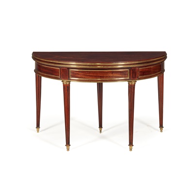 Lot 541 - FRENCH DIRECTOIRE MAHOGANY AND BRASS DEMI-LUNE CARD TABLE