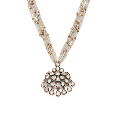 Lot 76 - An Indian diamond and seed pearl pendant necklace