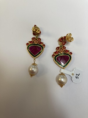 Lot 52 - A pair of Indian carved ruby, diamond and cultured pearl earrings