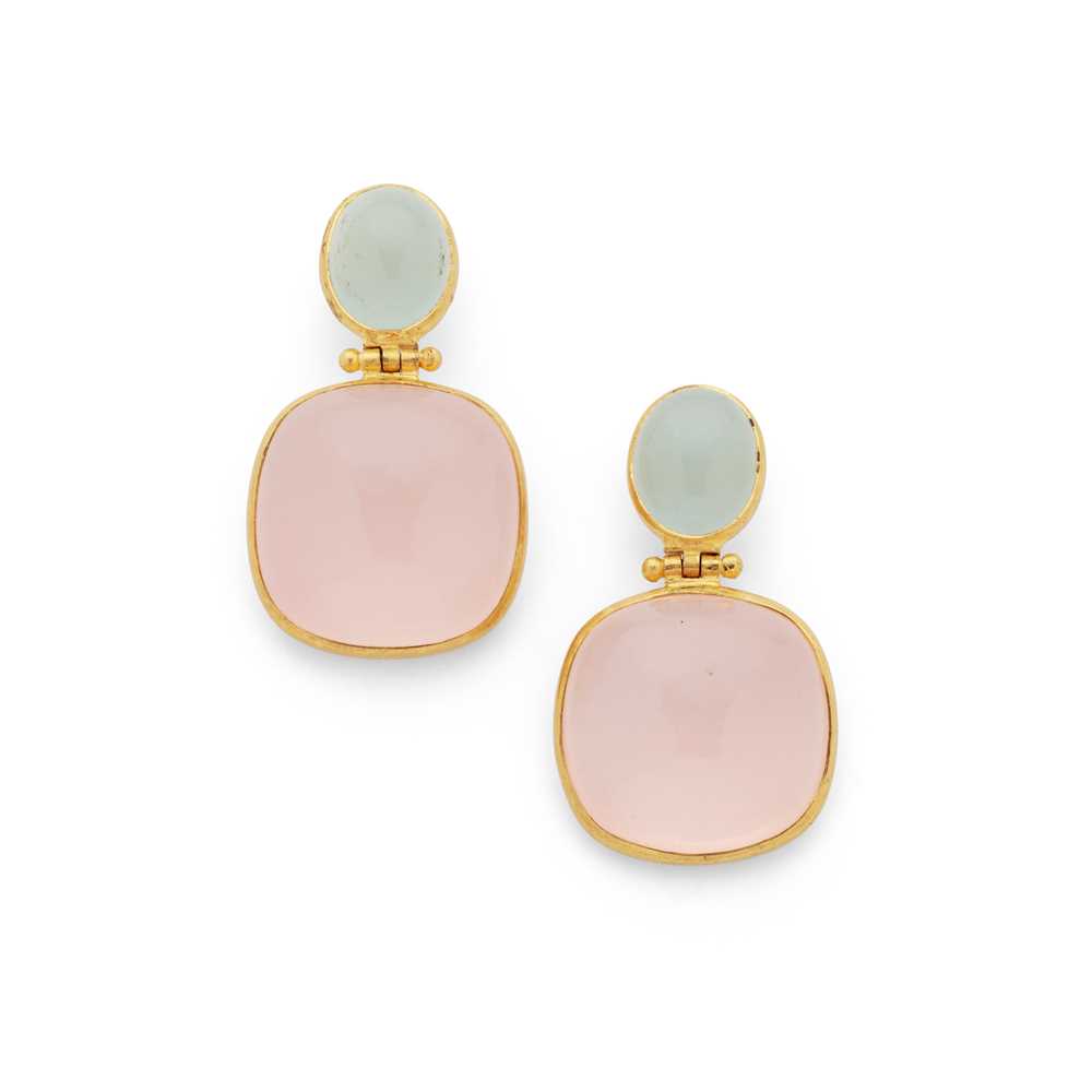 Lot 114 - A pair of rose quartz and aquamarine earrings