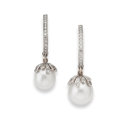 Lot 91 - A pair of cultured pearl and diamond earrings
