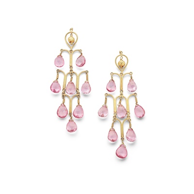 Lot 80 - A pair of pink tourmaline pendent earrings