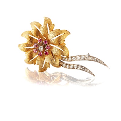 Lot 26 - A ruby and diamond flower brooch