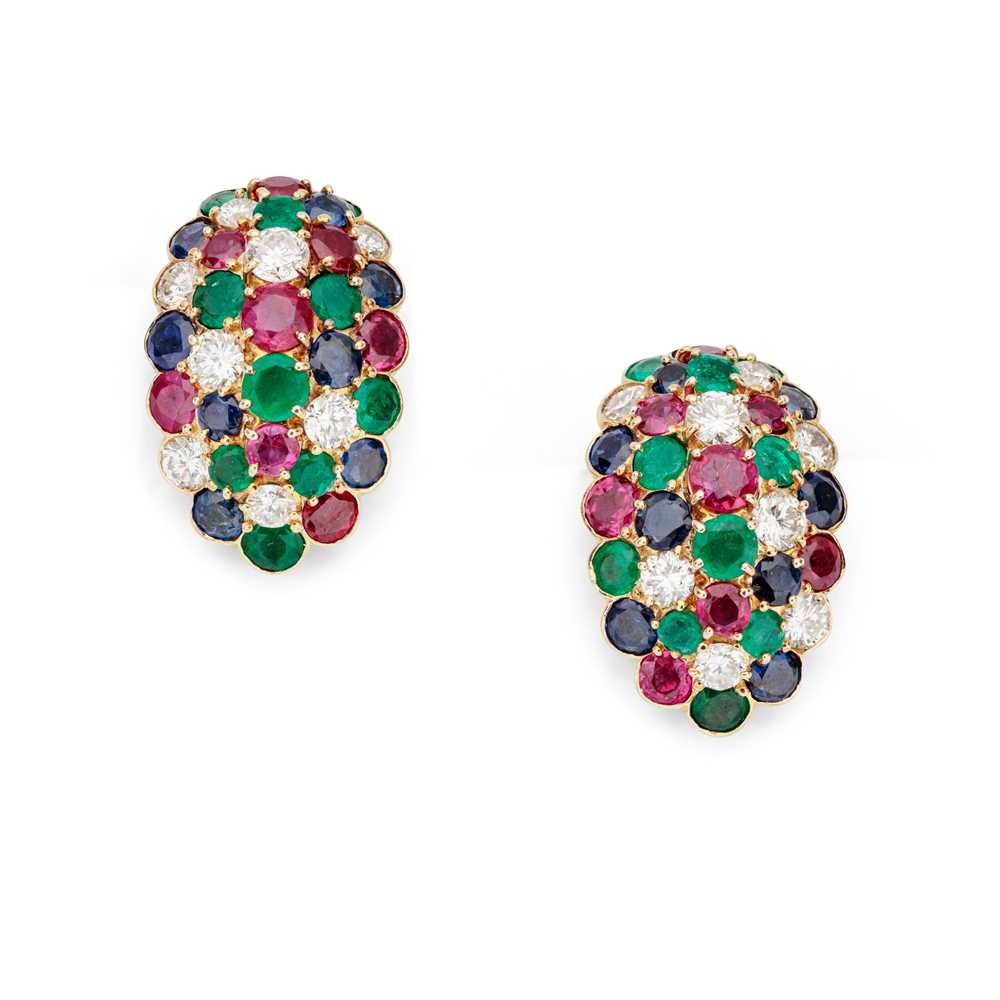 Lot 68 - A pair of diamond and gem-set earrings, by Van Cleef and Arpels, circa 1950s