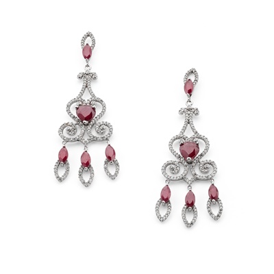 Lot 86 - A pair of ruby and diamond pendant earrings