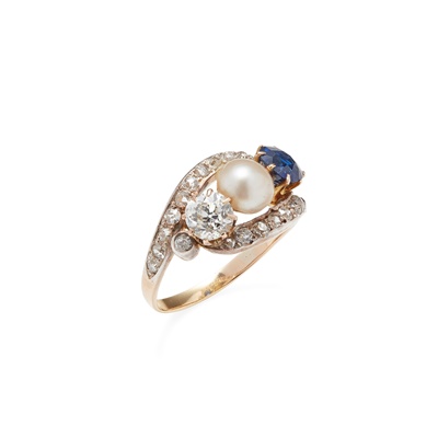 Lot 80 - A sapphire, diamond and pearl set ring