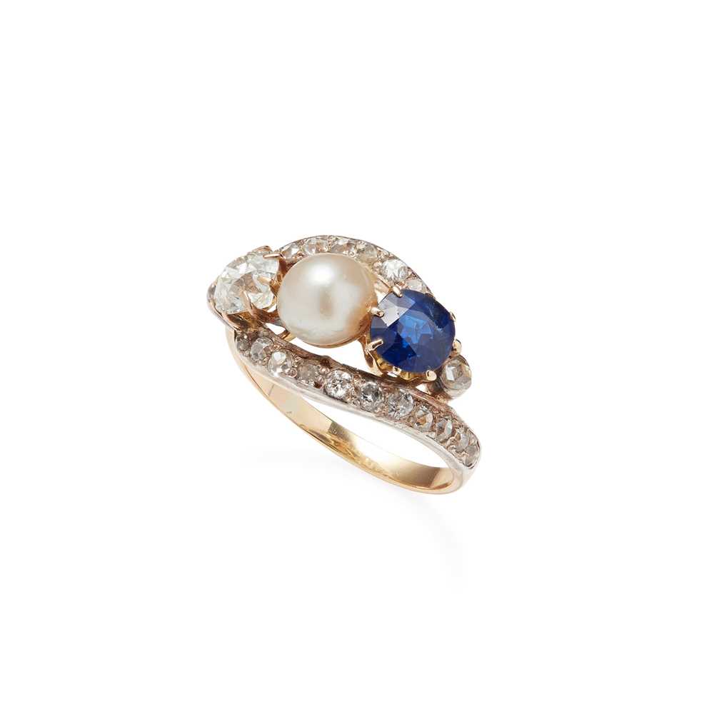 Lot 80 - A sapphire, diamond and pearl set ring