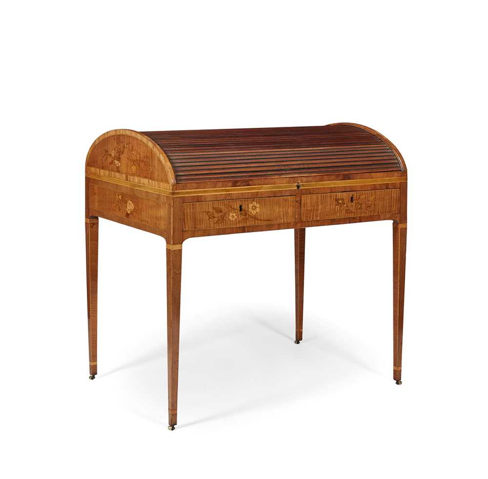 Lot 102 - GEORGE III SYCAMORE, AMARANTH, AND FLORAL MARQUETRY TAMBOUR-TOP WRITING TABLE, AFTER A DESIGN BY THOMAS SHEARER