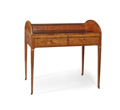 Lot 102 - GEORGE III SYCAMORE, AMARANTH, AND FLORAL MARQUETRY TAMBOUR-TOP WRITING TABLE, AFTER A DESIGN BY THOMAS SHEARER