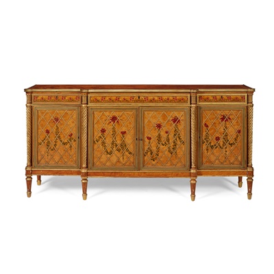 Lot 103 - LATE GEORGE III SATINWOOD, TULIPWOOD, PAINTED AND PARCEL-GILT, BRASS MOUNTED BREAKFRONT SIDE CABINET