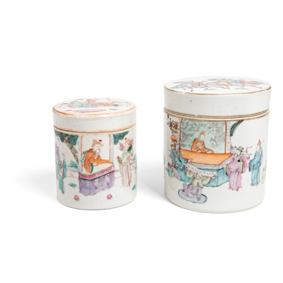 Lot 264 - TWO FAMILLE ROSE CYLINDRICAL BOXES AND COVERS