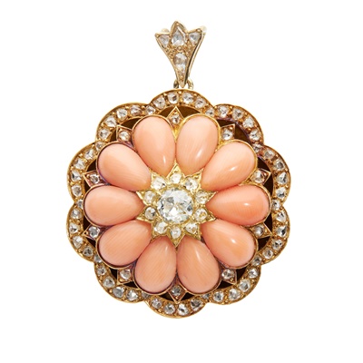 Lot 93 - A Victorian coral and diamond pendant