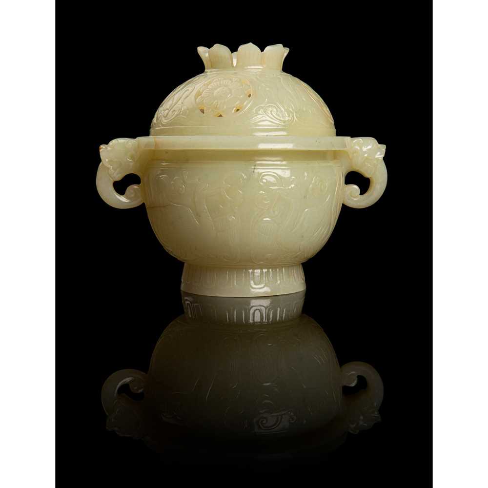 Lot 13 - YELLOWISH PALE CELADON JADE CENSER WITH COVER