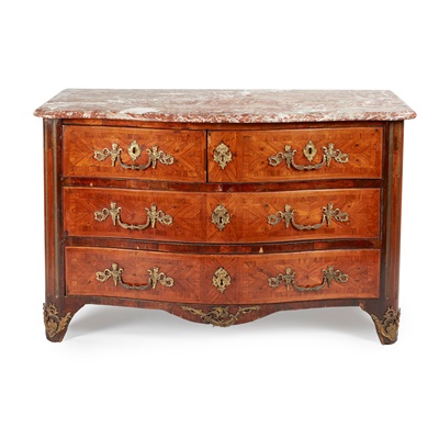 Lot 39 - A FRENCH REGENCE KINGWOOD, GILT METAL, AND ORMOLU MOUNTED MARBLE TOPPED COMMODE