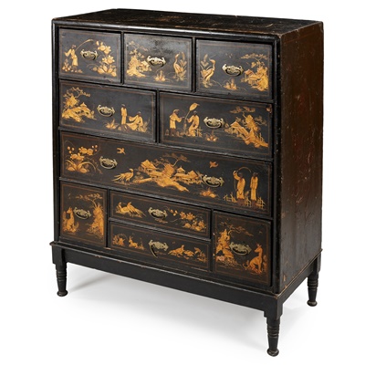 Lot 45 - A GEORGIAN BLACK JAPANNED CHEST OF DRAWERS