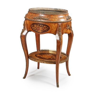 Lot 38 - A LOUIS XV STYLE WALNUT, MARQUETRY AND GILT METAL JARDINIÈRE