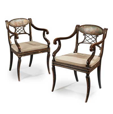 Lot 46 - A PAIR OF EARLY REGENCY EBONISED, PAINTED AND GILT OPEN ARMCHAIRS