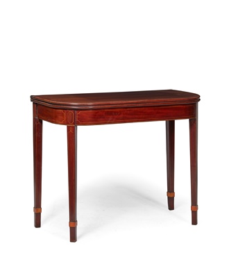 Lot 110 - LATE GEORGE III MAHOGANY, SYCAMORE, AND PARTRIDGE WOOD BANDED FOLD-OVER TEA TABLE