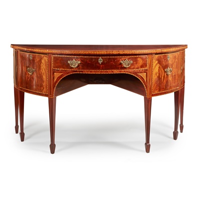 Lot 75 - A GEORGIAN STYLE MAHOGANY AND SATINWOOD CROSSBANDED BOWFRONT SIDEBOARD