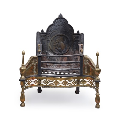 Lot 84 - A LATE GEORGE III CAST IRON AND BRASS FIRE GRATE