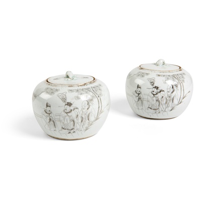 Lot 269 - PAIR OF GRISAILLE-DECORATED TEA CANISTERS WITH COVERS