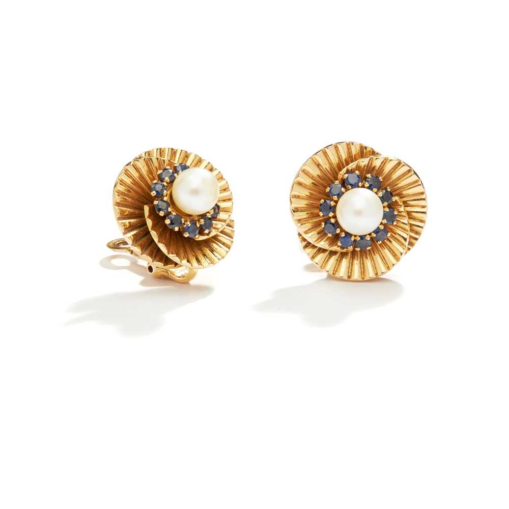 Lot 35 - A pair of sapphire and cultured pearl earrings, circa 1950
