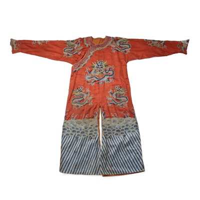 Lot 22 - RED GROUND SILK EMBROIDERED 'DRAGON' ROBE