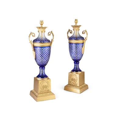Lot 491 - PAIR OF BOHEMIAN BLUE OVERLAY AND CUT GLASS ORMOLU MOUNTED LAMPS