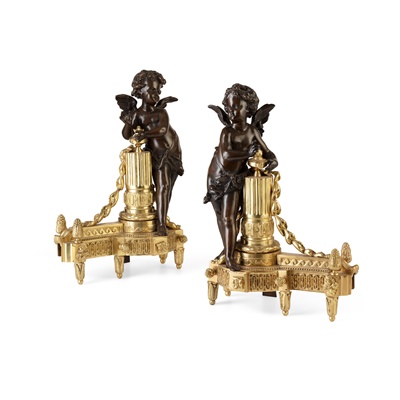 Lot 477 - PAIR OF FRENCH PATINATED AND GILT BRONZE CHENETS