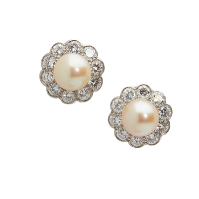 Lot 96 - A pair of pearl and diamond cluster earrings