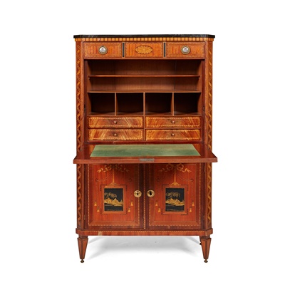 Lot 382 - DUTCH NEOCLASSICAL SATINWOOD, AMARANTH, MARQUETRY, AND JAPANNED FALL FRONT SECRETAIRE