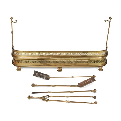 Lot 403 - TWO SETS OF BRASS FIRE TOOLS AND A BRASS FENDER