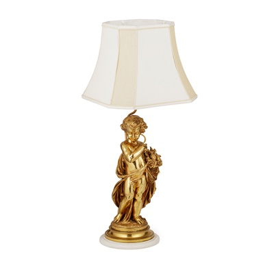 Lot 479 - GILT BRONZE FIGURE OF A PUTTO SYMBOLISING AUTUMN, MOUNTED AS A LAMP