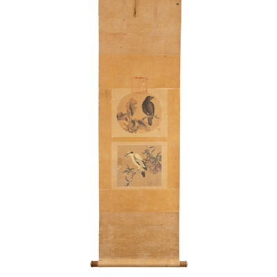 Lot 126 - TWO INK PAINTINGS OF BIRDS AND FLOWERS MOUNTED ON A SCROLL
