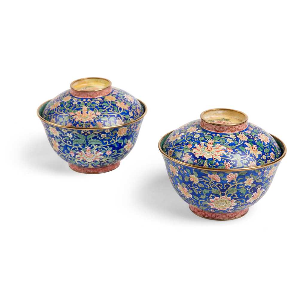 Lot 70 - PAIR OF PAINTED ENAMEL TEABOWLS WITH COVERS
