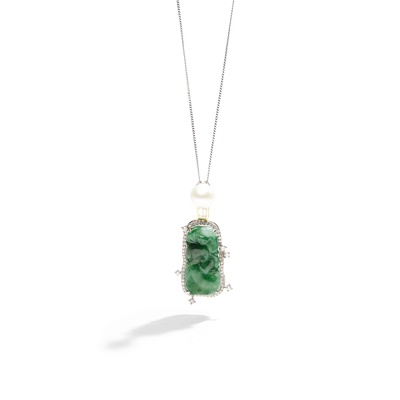 Lot 20 - A jadeite jade, diamond and cultured pearl pendant necklace