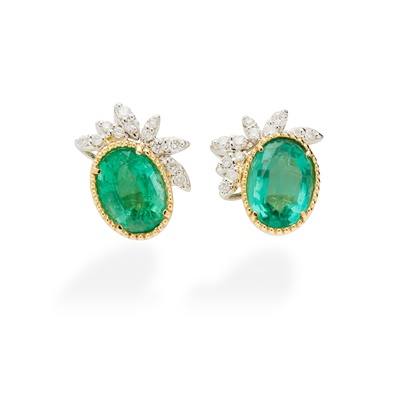 Lot 63 - A pair of emerald and diamond-set earrings