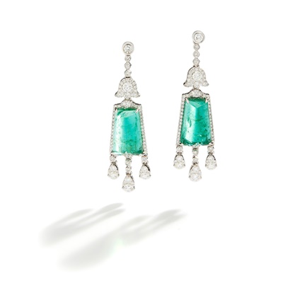 Lot 31 - A pair of emerald and diamond pendent earrings, by Fei Liu