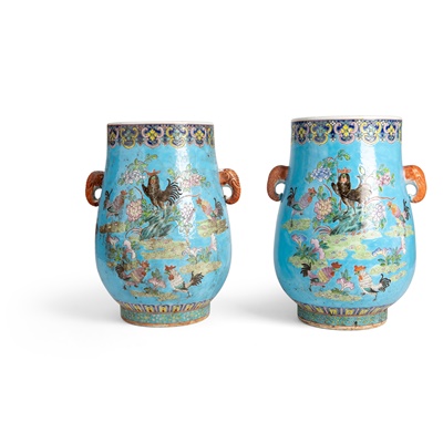 Lot 224 - PAIR OF BLUE-GROUND FAMILLE ROSE VASES