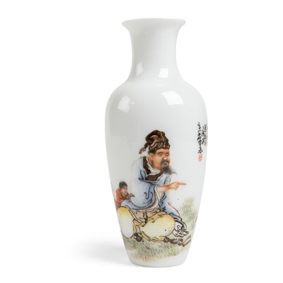 Lot 273 - SMALL FAMILLE ROSE 'SCHOLAR AND GOOSE' BALUSTER VASE