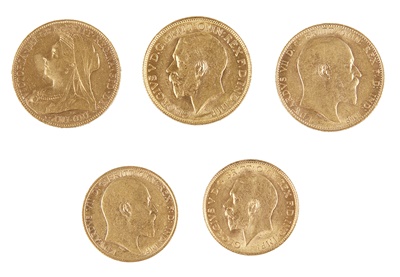 Lot 99 - Three sovereigns and two half sovereigns
