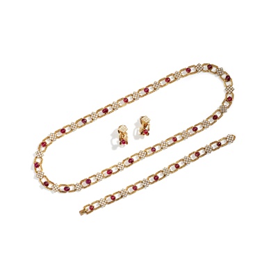 Lot 18 - A ruby and diamond-set necklace, bracelet and pair of earrings, by M. Gerard, 1970s