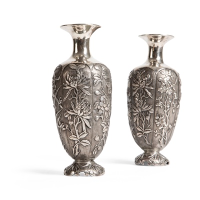 Lot 77 - PAIR OF CHINESE EXPORT SILVER VASES