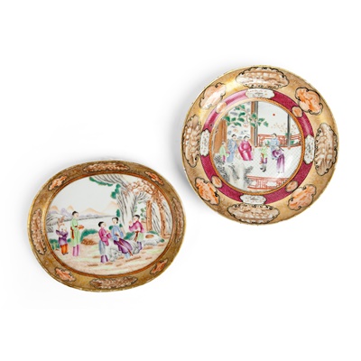 Lot 46 - TWO GILT-DECORATED CANTON FAMILLE ROSE PLATES