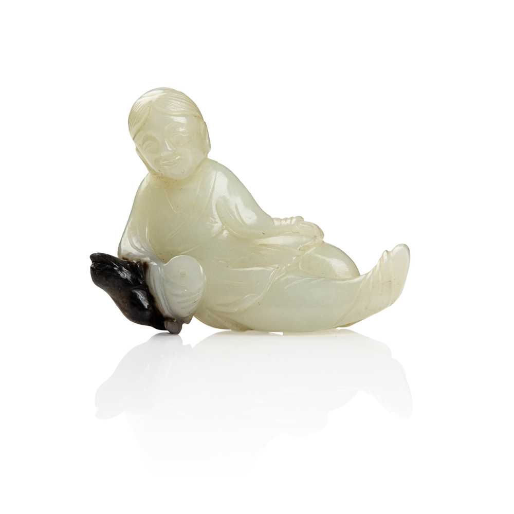 Lot 112 - WHITE JADE CARVING OF LIU HAI AND THE MONEY TOAD