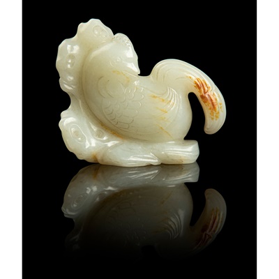Lot 118 - WHITE JADE WITH RUSSET SKIN CARVING OF A ROOSTER