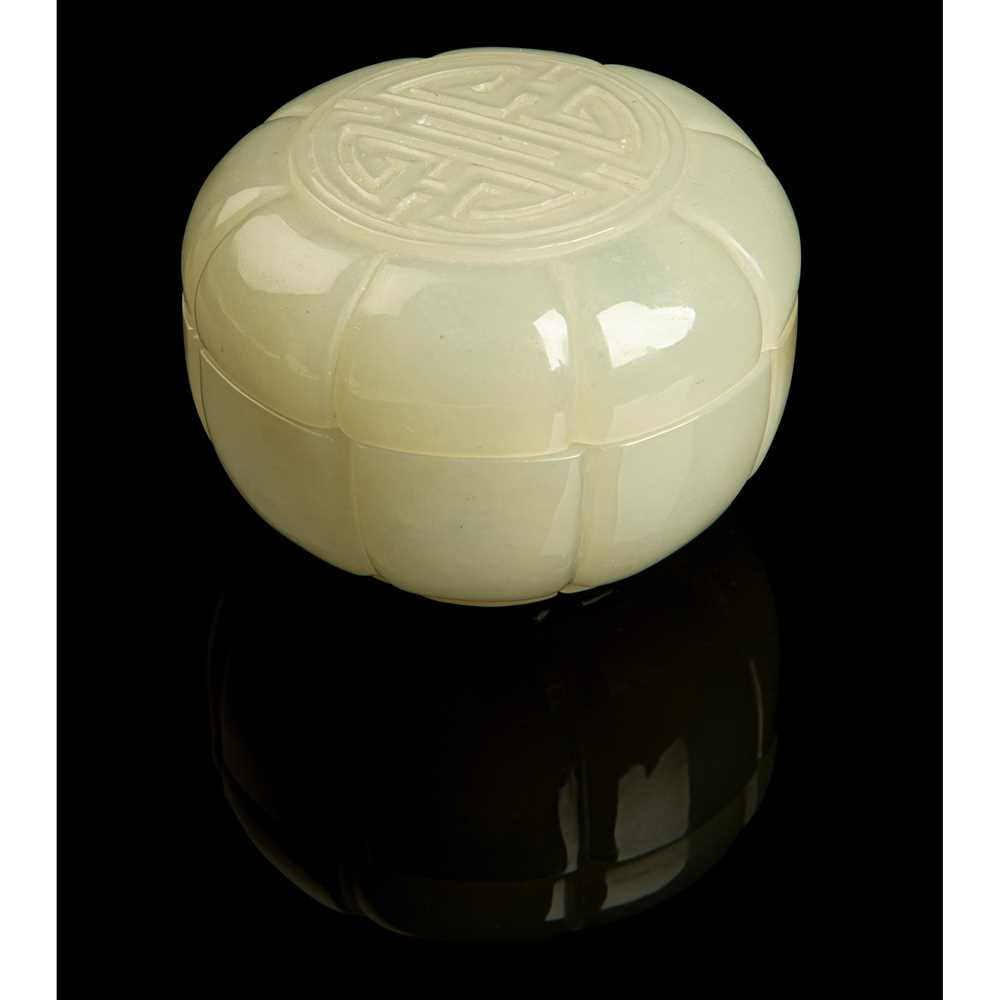 Lot 93 - PALE CELADON JADE CARVING OF A FOLIATED BOX AND COVER