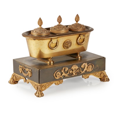 Lot 35 - A LATE REGENCY GILT AND PATINATED BRONZE DESK STAND