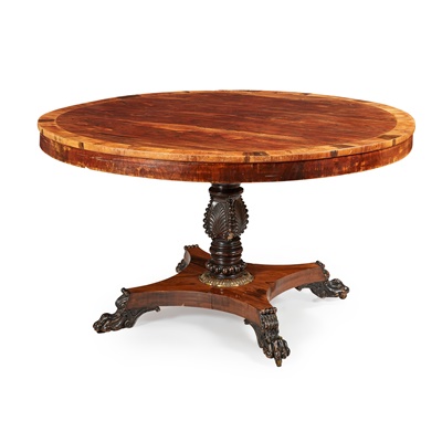 Lot 143 - A REGENCY ROSEWOOD, EBONISED AND SIMULATED ROSEWOOD BREAKFAST TABLE
